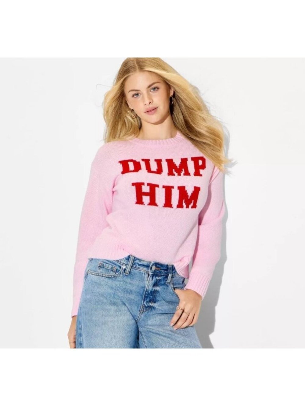 Wild Fable Women's Pink 'DUMP HIM' Crew Neck Knit Sweater Size S NWT